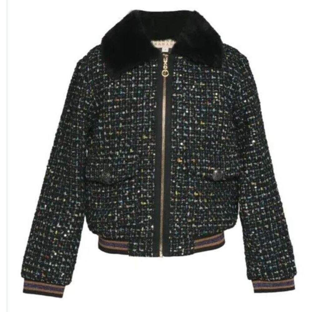 Truly Me Twill Faux Fur Collar Sequin Jacket Cardigan Full Zip Kids Girls 3T